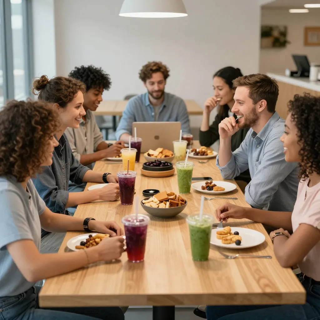 People seated at a shared table in an office common area