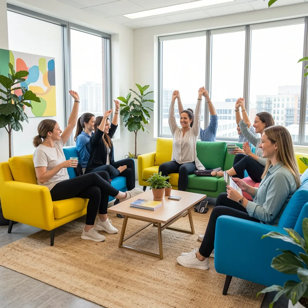 Colleagues in a bright office lounge area